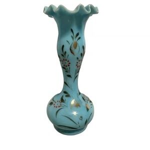 Antique Royal Blue Hand Painted Enamel Painted Floral Art Glass Vase Crimped Top